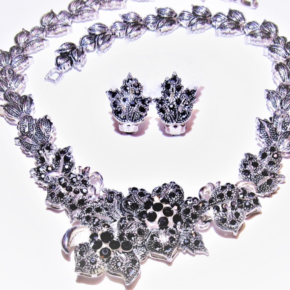 Luxecollectible Jewelry - Vintage Faux Hematite Flower Necklace Earrings Set